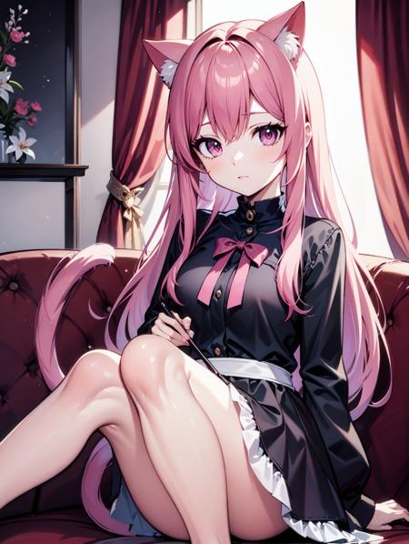 best quality:1.4, cat girl, pink hair, long hair, cat ears, pink eyes, cat tail,