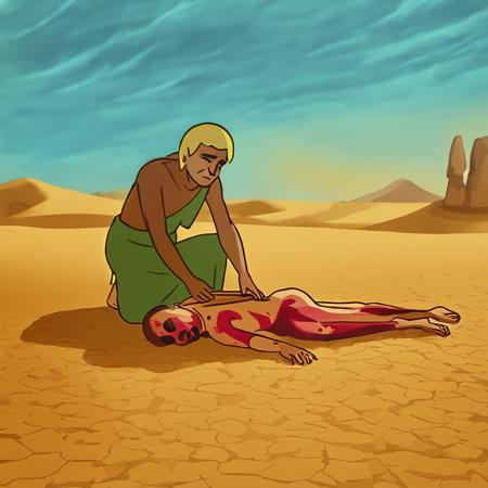 Cartooneffects Three, a man in a desert dying of thirst