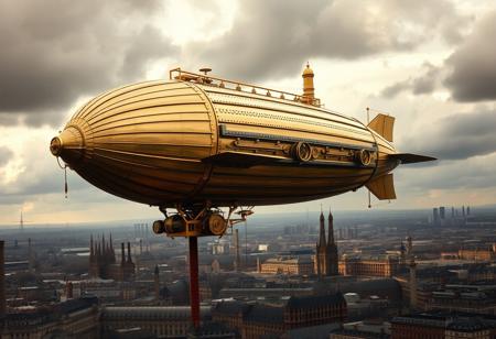A grand steampunk zeppelin soars through the cloud-draped sky, its brass framework and polished gears gleaming under the pale sunlight. The zeppelin’s intricate, Monty Python-inspired design boasts exaggerated yet imaginative mechanical details: large riveted brass panels, exposed gearwork, and ornate propellers that hum with controlled power. Its bulbous body is supported by elegantly coiled piping, while steam hisses from exhaust valves lining its sides. As it glides through the air, its adventurous spirit is palpable, evoking the retro-futuristic style of a bygone age, blending vintage aesthetics with mechanical ingenuity. The sky around it darkens with heavy clouds, casting long shadows that add to the Lord of the Mysteries’ moody atmosphere. Below, a sprawling cityscape filled with towering chimneys and iron-clad buildings reflects the zeppelin’s vintage-industrial aura. The scene feels alive, as the zeppelin crosses the horizon, daring to venture into the unknown, its metallic structure embodying both elegance and power.