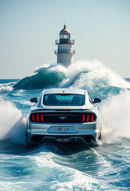 silver perl color ford mustang surfing on huge ocean waves, sunny weather,  water splashes, silver perl color ford mustang sport drifting on waves around a lighthouse in the middle of the sea, view from back of the car
