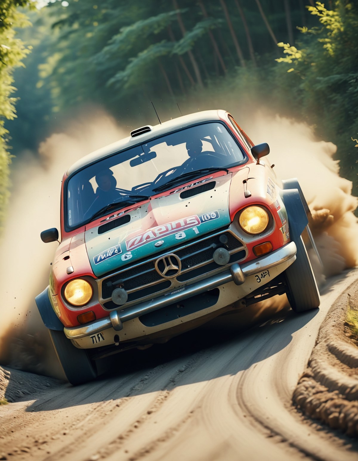 Rally car drifting around a tight corner, gravel spraying out., (cinematic color grading lighting vintage realistic film g...