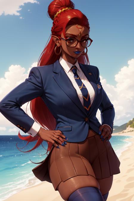 masterpiece, high quality, highres, detailed face, full_body of urbosa wearing a business suit jacket and black tights and (((dark blue skirt)), ((hair in bun)), wearing glasses, unbuttoned white shirt,<lora:urbosa-sd15-000010:0.6> dark skin, red hair, sharp features, blue nail polish, blue lipstick, toned,