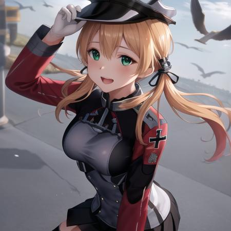 (masterpiece, best quality:1.2),illustration,8k,hd,1girl,solo,hat,blonde hair,twintails,uniform,gloves,hair ornament,military uniform,anchor hair ornament,peaked cap,white gloves,low twintails,iron cross,breasts,smile,long sleeves,military hat,long hair,green eyes,aqua eyes,microskirt,black thighhighs,black skirt,pleated skirt,<lora:Prinz Eugen-V1:1>,