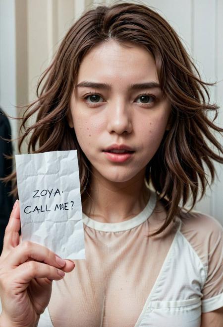 phone camera photo of 1GIRL holding a pice of paper with handwritten text ''zoya 0972340288 call me''