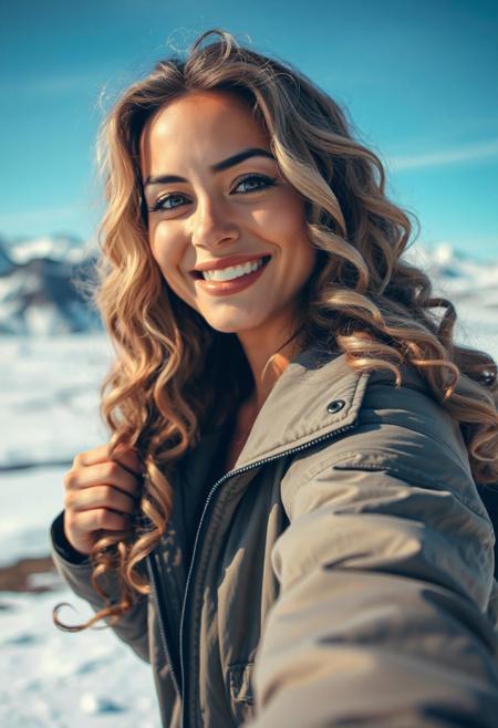 A professional realistic photo of a beautiful woman wearing clothes. It's a closeup of a young tanned woman, with light hair  and a Long Layered Curls hairstyle.  She has a friendly smile She is wearing a cool jacket. She is posing for the camera and is happy. SFW. Dynamic pose. Dynamic camera angle., tundra overlook with icy peaks