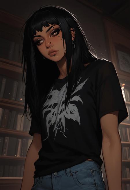 score_9, score_8_up, score_7_up, 1girl, woman, adult, olive skin, brown skin, dark-brown eyes, brown-black eyes, black hair, long hair, pin-straight hair, very straight hair, standing, solo, casual pose, detailed background, dynamic angle, closeup, face focus, Semi-realism, PRSNL4 Style, very aesthetic, digital drawing, casual pose, slim, thin, lanky, black jeans, black t-shirt, metal band t-shirt, layered clothes, layered silver jewelry, silver rings, helix piercing, ear piercings, facial piercings, long head shape, goth, gothic, goth fashion, gothic fashion, smudged eyeliner, macabre, library, dim, indoors, night, black color scheme, Tr4dgot4, tr4dgot4 make-up, dim lighting, dark lighting, dark blue lighting, chipped black nails, loose clothes, baggy clothes, oversized clothes, aloof expression, looking to the side, cold lighting, neutral lipstick, pale lips, lip piercing, eyebrow piercing, dark, dark background, Low-key lighting, from below, slouching,