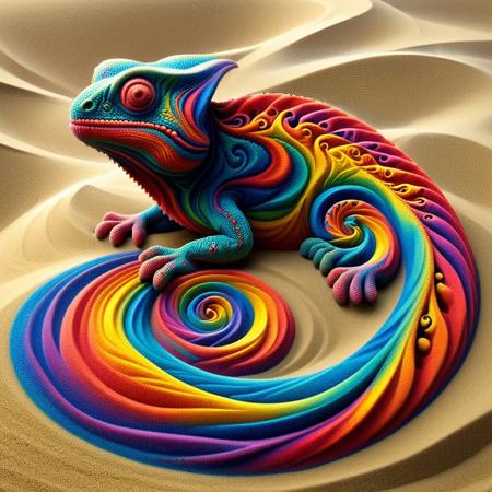 Masterpiece, detailed, colourful, vibrant,
sandswirl, 
A chameleon made of fractal swirling sand patterns.