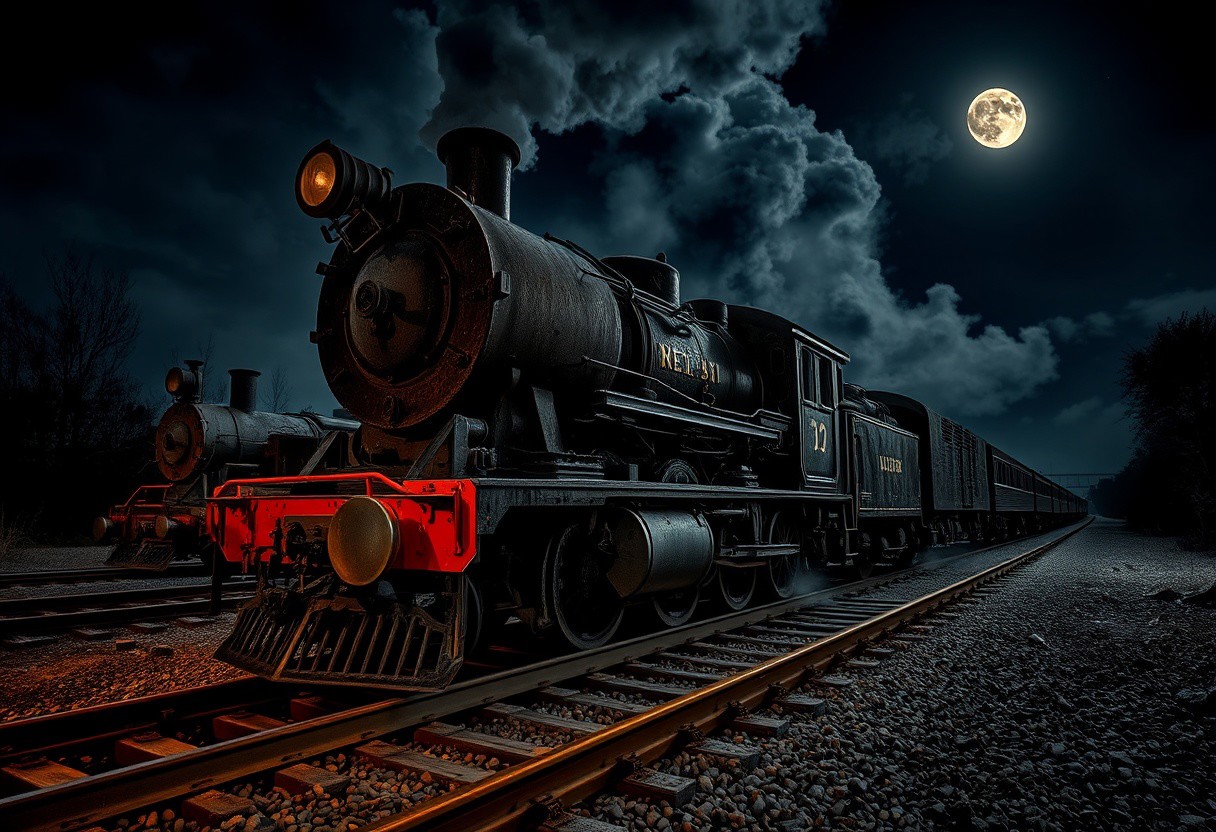 An abandoned steam train on a railway track under a moonlit night, intense and dramatic, intricated details, hyper realistic, cinematic view, dark steam ambiance, HDR, 4K, cinematic.
<lora:art_lora:1><lora:realism_lora:1>