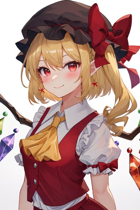 best quality, masterpiece, highres, solo, {flandre_scarlet_touhou:1.15}, blonde_hair, wings, red_eyes, crystal, bangs, hat, one_side_up, ribbon, mob_cap, bow, blush, smile, vest, white_headwear, red_vest, ascot, hair_between_eyes, red_bow, red_ribbon, upper_body, hat_ribbon, yellow_ascot, short_hair