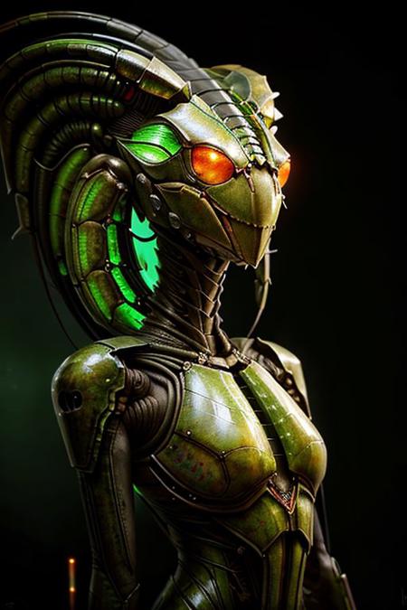 portrait of green crab female (long neck, slender arms)) massive headdress, bio armor, (luminesce glowing) floating particles, insect textures, scifi,