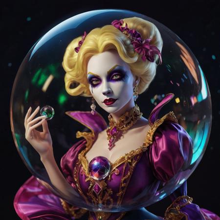 A mysterious and sexy blonde female jester placed within a magic crystal ball, where she can dance and do her acts in a harlequin outfit, but unable to escape from the crystal ball.