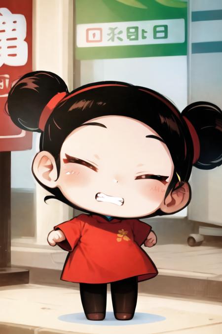 chibi, pucca, double bun, red dress, chinese clothes, black pantyhose, closed eyes, clenched teeth <lora:pucca-000003:1>