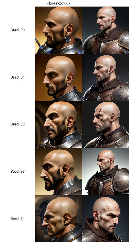 <lora:nox:1.0>. A man. Bald. Earring. Dark brown blurry background. Semi-Profile. Knight cuirass. Portrait of a RPG character. Extreme close up.