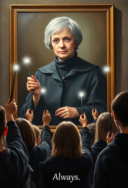Hogwarts students at a memorial service, (looking up at painting of old professor minerva mcgonagall), painting of 80 year old British woman with short grey hair wearing black witches outfit from harry potter, wands raised in the air casting lumos in remembrance, bright white light shining from wands, caption "Always"