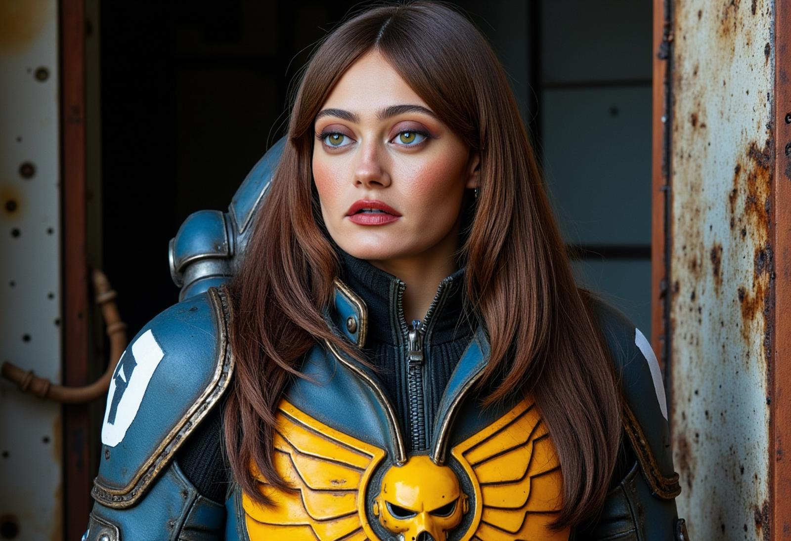 human hybrid the head ellaPurnell woman wiuth no make up, with long brown hair from fall out wearing 
  yellow and blue space marine armour, in a fall out shelter, dirty
