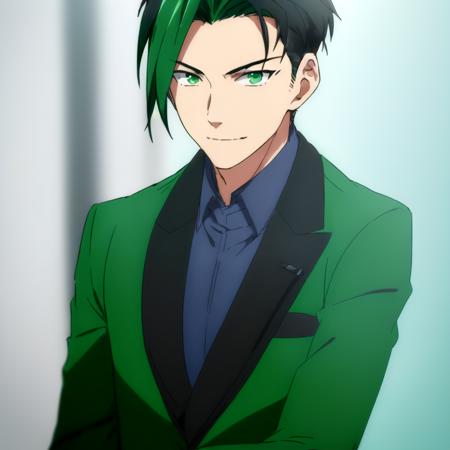 (((1boy, solo focus, muscular male))), facing viewer, looking at viewer, black hair, green dyed bangs, hair slicked back, soichiro william mori <lora:Soichiro_William_Mori:0.6> , (((standing))), light smile, (((green suit jacket))), (((close-up))),