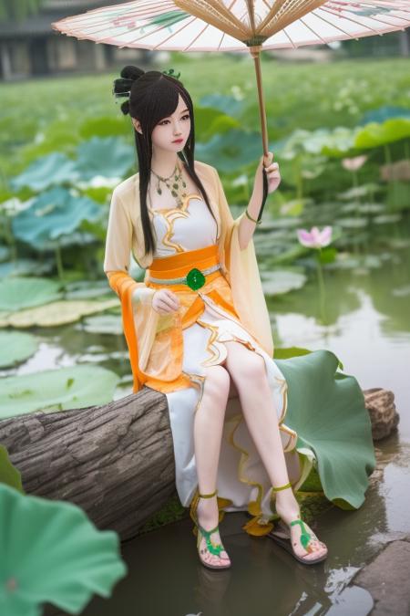 tangyurou, 1girl, solo,cosplay,  china dress, chinese clothes, hanfu, long sleeves, shawl, jewelry, necklace,