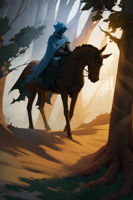 cartoonish anime, Masterpiece, best quality, tree, forest, black cloak, nature, solo, armor, torn cloak, cloak, bare tree, (nazgul), horse, fog, torn clothes, 1boy, scenery, outdoors, riding