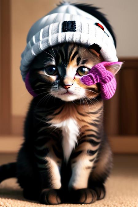 Cute (massive huge eyed), kittens, (wearing beanie hat), spring, 4k, high detail, high quality, realistic, full body,