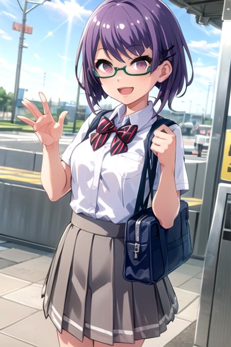 <lora:6Nanami-09:0.7> ,nanamiptd, 1girl, solo, looking at viewer, smile, short hair, open mouth, skirt, shirt, hair ornament, bow, school uniform, standing, purple eyes, white shirt, purple hair, short sleeves, :d, cowboy shot, pleated skirt, small breasts, glasses, solo focus, day, hairclip, striped, collared shirt, indoors, hand up, bowtie, bag, red bow, dress shirt, x hair ornament, red bowtie, lens flare, grey skirt, red-framed eyewear, school bag, striped bow, waving, striped bowtie, diagonal stripes, holding strap, train station