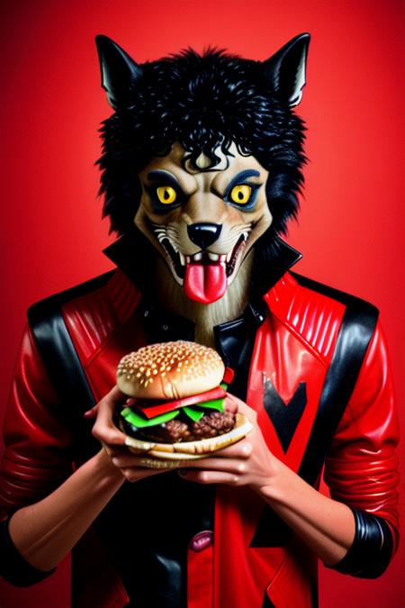 mjthriller portrait of werewolf michael jackson eating a vegan burger, intricate detail, detailed face, very sharp, high quality, professional photography  <lora:hjmjthriller_v10-000003:0.6>