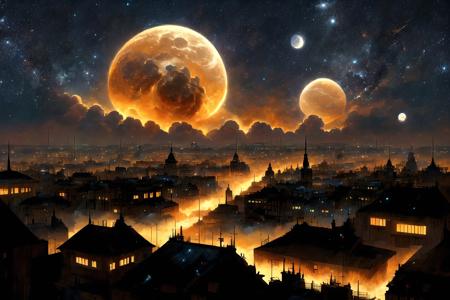 a burning city, on fire, Byzantine, night sky, (no humans:1.9), <lora:MadeJourney_v1:1.0>