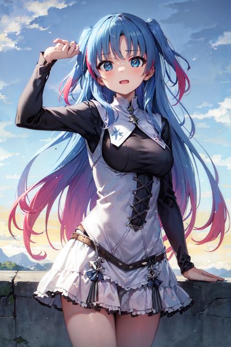 masterpiece, best quality, chtholly nota seniorious, 1girl, solo, dynamic angle, hand up, long sleeves, portrait, standing, multicolored hair, <lora:chtholly_nota_seniorious_v1.1-000020:0.45>, outdoors, sky