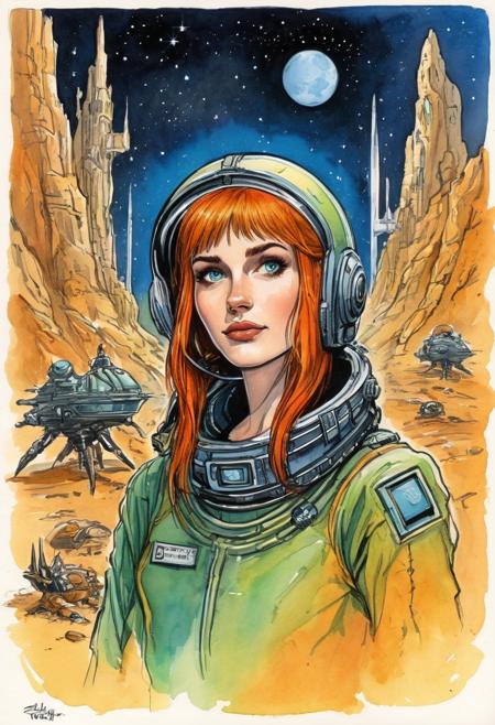 a  (( full page STORYBOARD design, (multiple frames)),  sci fi discovery  (cartoon) genre), 
[charming] beautiful young  Maintenance character, (sly smirk:0.3), 
a high quality, masterpiece, ((black sharp ink sketch)), colored with (glossy) modern watercolor,
fine and clean,  (style of Bob Eggleton :1.2). award-winning, professional, highly detailed