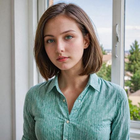 18 yo girl, slim, tall, brunette, round nose, bobcut, green eyes, small mouth, medium sizes lips, round face, cleavage, cute, dressed in a shirt that unveils her shoulders, medium breasts, round breasts, clothed, window in the background, slightly sunny, veiny breasts, close-up view