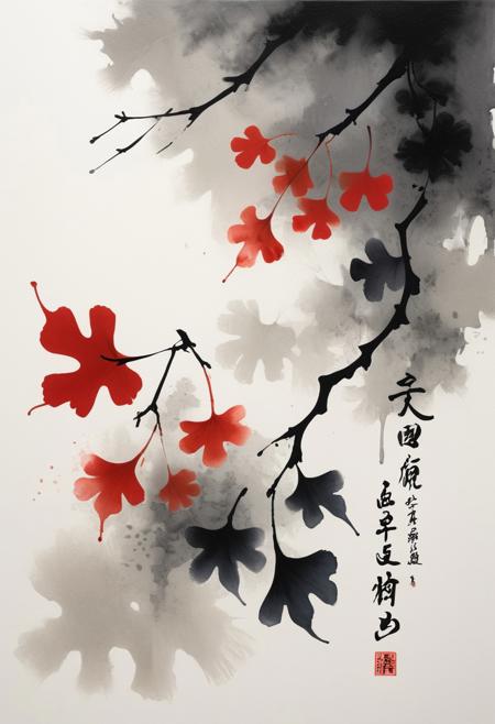 Poetic sumi-e with meticulously rendered gingko leaves cascading across washi paper, embodying the concept of mono no aware. The traditional ink wash technique creates a gradient from deep black to misty gray, with negative space suggesting autumn wind. red leaf accents catch imaginary light, while asymmetrical composition draws the eye through bold brush strokes and delicate detailing. Minimal red seal marks anchor the lower corner, balanced by calligraphic kanji suggesting impermanence. The scattered leaves display deliberate imperfections celebrating wabi-sabi principles, some rendered with a single masterful brushstroke, others with textural dry-brush technique. Subtle indigo undertones evoke twilight transitioning to evening, capturing the melancholic beauty of nature's transitional moments through the philosophical lens of yugen. <lora:aidmaFLUXPro1.1-FLUX-v0.3> <lora:ck-charcoal-drawing-000014> <lora:Niji B> <lora:bm-goth_epoch_1> <lora:flux_ptchkrawk> <lora:flux_dev>
