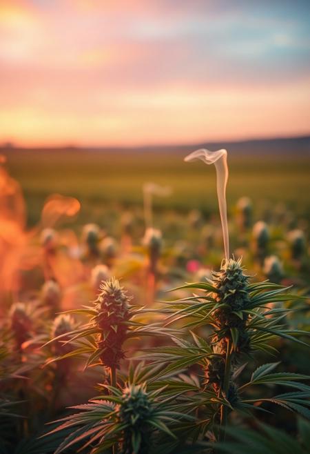 vibrant cannabis field, (lush green leaves:1.4), (sunset glow:1.2) casting warm light over the plants, (detailed textures:1.5), smoke swirling softly in the air, (cannabis buds:1.3) glistening with trichomes, peaceful and serene atmosphere, (natural light:1.4), wide field stretching into the distance, (colorful sky:1.2) with shades of pink and orange, (high-definition:1.6), (ultra-realistic textures:1.5), close-up details of cannabis plants, (soft focus in the background:1.2), modern, laid-back aesthetic, perfect for a cannabis culture feature, chill and relaxed vibe, (overexposed:-1.4), (unnatural colors:-1.5), (blurry:-1.6), (low-resolution:-1.7), (harsh lighting:-1.5), (distorted textures:-1.6)