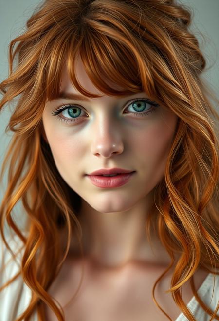 High quality, high definition photo image of a young woman, 28 years old, with long wavy and tousled red hair, emerald green eyes, some light freckles under the eyes, a small and pretty nose, thin and full pink lips, smooth and silky pale white skin, light makeup, very feminine and beautiful face with a sweet and dreamy expression.