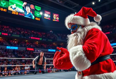 score_9, score_8_up, wrestling stadium, lights, giant screens, the stands full of people cheering, wrestling ring, SANTA CLAUS using a lucha libre mask  WITH A BAG WITH GIFTS beating a group of  wrestling fighters and defeating them