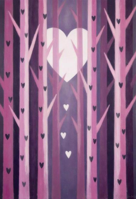 mawo1 painting.
A painting of a spring night scene in a forest. The artwork features a stylized, minimalist representation of tall, slender tree trunks with textured bark, predominantly in shades of dark pink and purple. The trees are arranged vertically, creating a sense of depth and density. Their bark is depicted with small, dark hearts, giving them a unique, almost quilted appearance. There is a full heart shaped moon behind. Tiny hearts are falling from the sky