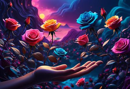 dark roses in your hand.
neo-surrealism, vibrant colors, whimsical scenes, dreamlike landscapes, fluid shapes, intricate patterns, playful details, mystical symbolism, soft gradients, expressive characters, abstract nature, imaginative storytelling, ethereal lighting, fantastical worlds, emotive composition