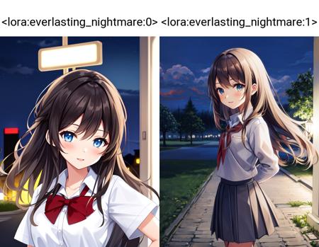 <lora:everlasting_nightmare:0>, digital art, portrait of a cute girl with school uniform, (at night:1.2)