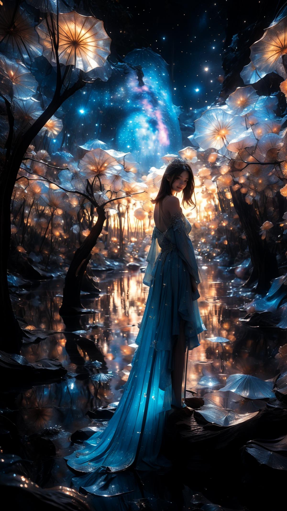A woman in a blue dress stands in a forest with flowers and stars.