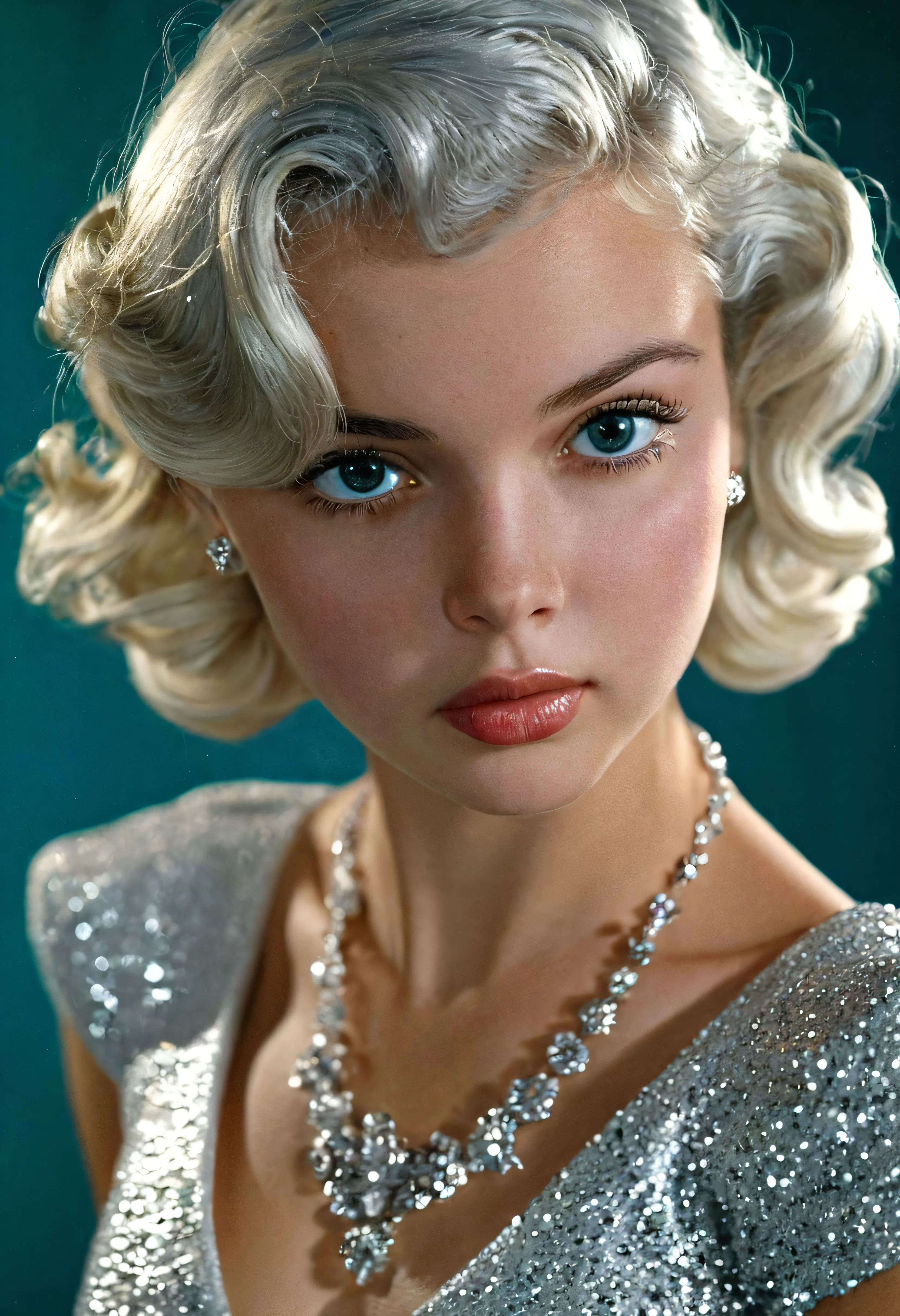 Elegant girl from 50's ,films till, in a shimmering white outfit with blonde hair and sparkling jewelry, soft light on right side of face, flawless skin, wavy short silver hair, necklace , set against a deep teal background.