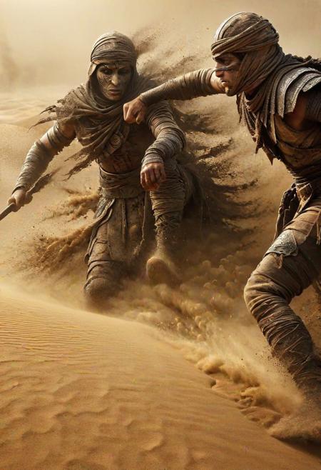 very dark focused flash photo, amazing quality, masterpiece, best quality, hyper detailed, ultra detailed, UHD, perfect anatomy, portrait, dof, hyper-realism, majestic, awesome, inspiring,Capture the thrilling showdown between the ancient mummy and the colossal sand boss in an epic battle amidst swirling dust and desert sands. Embrace the action and chaos as these formidable forces clash in the heart of the dunes. cinematic composition, soft shadows, national geographic style