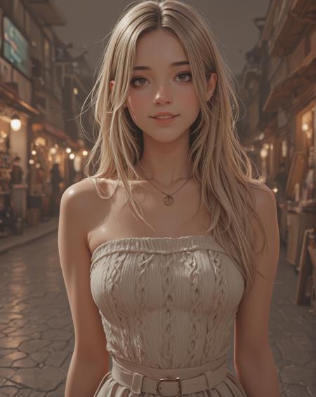(Upper body photo:1.1). 1girl, cute model. Long thick Maxi Skirt, elegant knit tube top, swept back hair, alluring smile. Highly detailed beautiful expressive eyes. Working at a clothing store. Photorealistic, Natural atmospheric lighting, intricate details, 35mm photograph, film, professional, 4k visuals, highly detailed, elegant, studio quality.