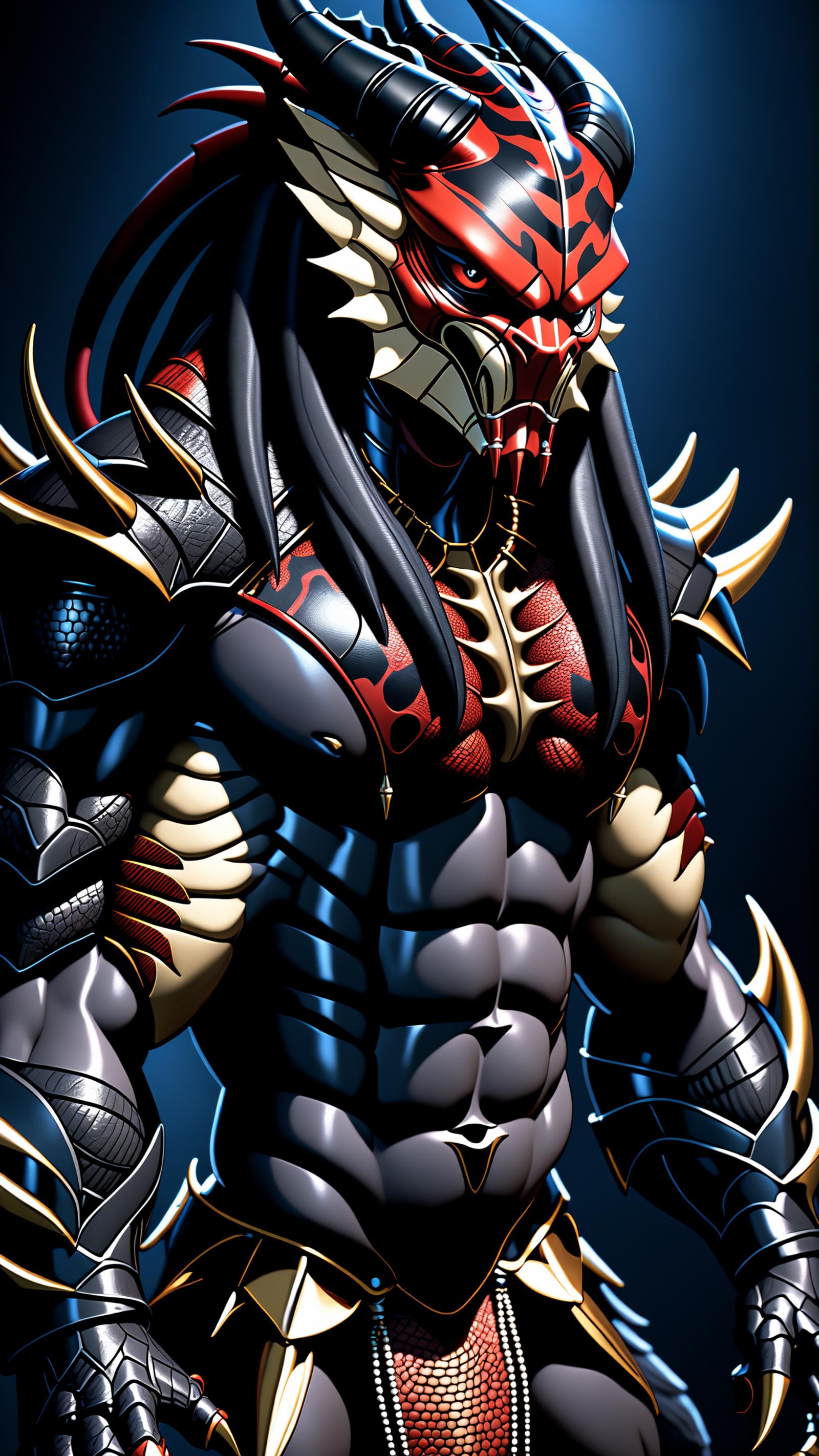 A CGI depiction of a muscular, armored warrior with a demonic appearance.