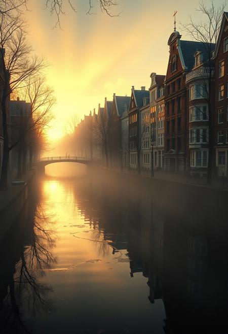 A quiet, foggy Amsterdam canal at sunrise, where historic buildings glow in soft golden light
melancholic expressionist figures with playful surreal exaggeration, muted earthy color palette with bold ironic highlights, heavy painterly textures, dreamlike psychological depth, absurd humor mixed with introspective symbolism, surreal emotional storytelling