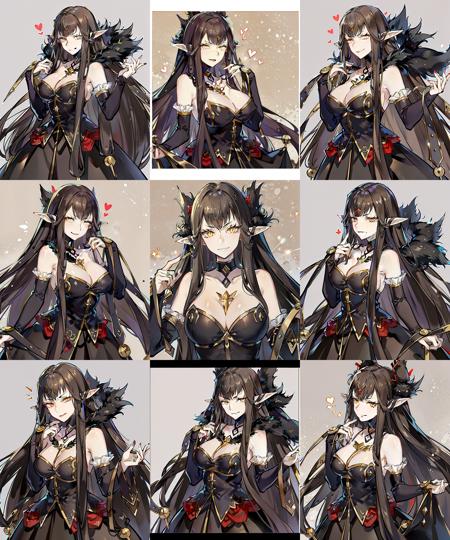 masterpieces,detailed,detailed eyes,mature female,milf, ((white skin)),(pale skin:1,.3),tall female,semiramis \(fate\),black dress, black fur trim, off shoulders,bare shoulders,cleavages,bridal gauntlets, ((masterpiece)) ,<lora:semi-08:1>,(smirk:1.2),black hair,long hair, yellow eyes,pointy ears, (slit pupils)