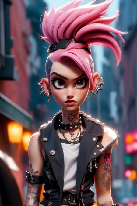 masterpiece,best quality,punk girl with pink mohawk hair, blurred night city background