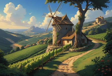 hyperrealistic art  a wanderer between worlds in flowing clothes, (epic landscape:1.5),  (style Ghibli drawing), (style Ghibli painting),best quality, masterpiece, extremely detailed,  professional  art,  professional painting, an extremely delicate and beautiful, dynamic,  great lighting, perfect shading, professional shading, depth of field,   side soft light, elegant, gorgeous, highly detailed,   full shot, uncropped,   pure genious, absolutely perfect,  highly detailed, breathtaking,
Vineyard on steep slate slopes, woodpecker cavity in trunk, horizontal windmill blades,miller adjusting sails , extremely high-resolution details, photographic, realism pushed to extreme, fine texture, incredibly lifelike, Cybernetic flora illustration style, blends plant life with cybernetic elements, dynamic and futuristic composition, professional-grade execution, captures the beauty of bio-mechanical fusion, evokes a sense of innovation and natural harmony