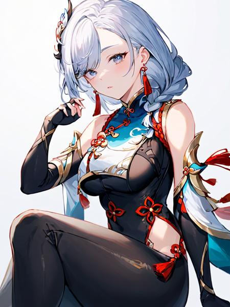 1girl,hair ornament,hair over one eye,blue eyes,earrings,braided ponytail,puffy sleeves,gold trim,gloves,bodysuit,breast curtain,shoulder cutout,covered navel,hip vent,clothing cutout,tassel,