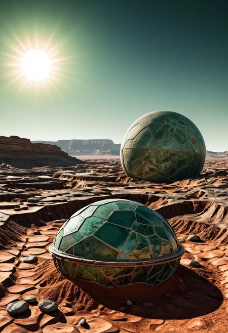 Architectural style _background, scenery of alien world scape, arid hostile planet and two suns ,illustration, Clear, Clean lines, geometric shapes, 3d structure of Gigantic Ttitan1.3 skeleton laying on its back with  whitish dry on the sun bones, structural, modern, terrifying, architectural drawing, highly detailed, insane intricacy, ultra detailed, perfectly shaped, precision1.5, perfection1.1, only cold tones: umbra and cold green-aventurine, post-apocalyptic , cold dim sky with glaring suns, ((terrain painted in agates with very dark spots)),