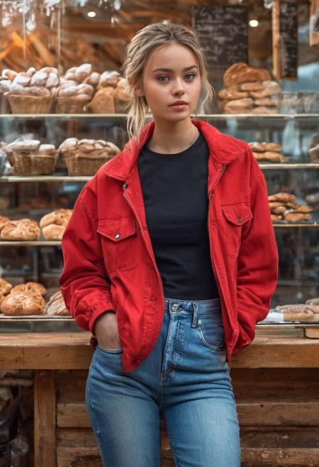 1girl. black t shirt oversized, blue jeans, red jacket, open jacket,
expressive eyes, perfect face, 
in the bakery shop,
(full body:4),
pretty features, Wadim Kashin, James Gurney, amazing beauty , Royo, Bak, hyper detailed Splash art modern European, hyper detailed photography, soft light, cover, high resolution, intricately detailed, cinematic LUT,