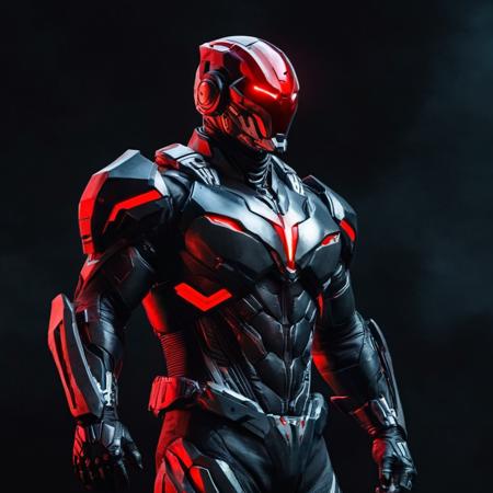 <lora:batman cyborg:1>
batman cyborg a man in a futuristic red and black cyborg costume standing in front of a black background in the year 2042