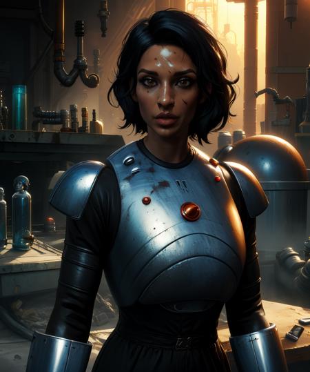 isabel,black hair,very short hair,messy hair,dirty face,lips,
black jumpsuit, chest armor,shiny,
standing,upper body,
robotic laboratory,science fiction,
(insanely detailed, masterpiece, best quality),<lora:MechanistIsabelcruz:0.9>,